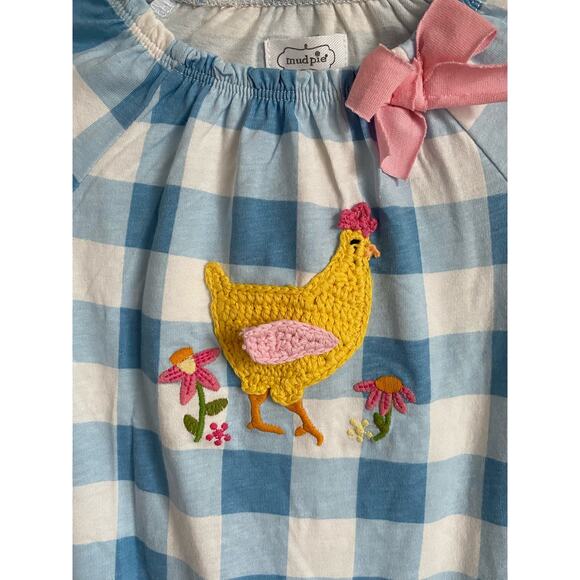 Mud Pie blue gingham plaid romper with crocheted chicken and flowers, size 6-9m - Picture 2 of 2